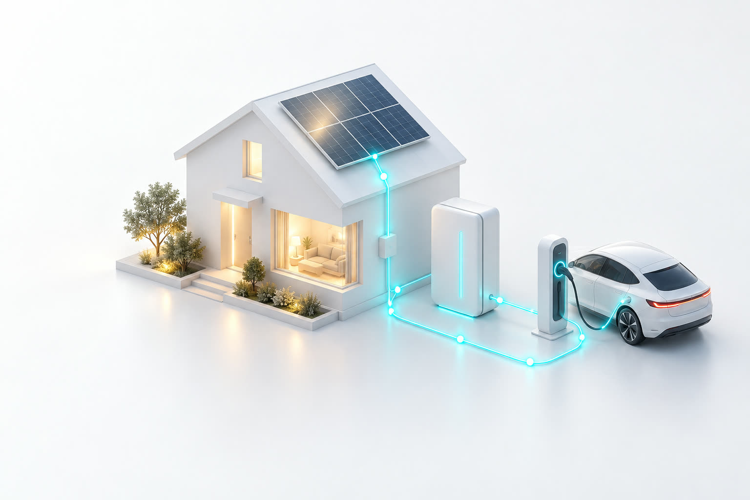 白い住宅の模型。屋根の太陽光パネル、蓄電池、EV 充電器と車が光の線でつながる 3D のイメージ